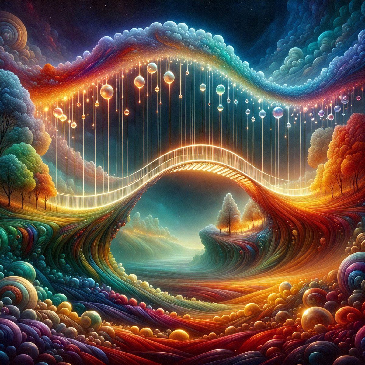 The primary subject of the image is a colorful, surreal landscape featuring a rainbow bridge with a tunnel-like structure. The setting is a vibrant, imaginative world with a mix of natural elements, such as trees and clouds, and a futuristic, artistic atmosphere. The visual style is a combination of digital art and illustration, creating a unique and captivating scene. The colors and mood are predominantly bright, lively, and uplifting, with a sense of wonder and creativity